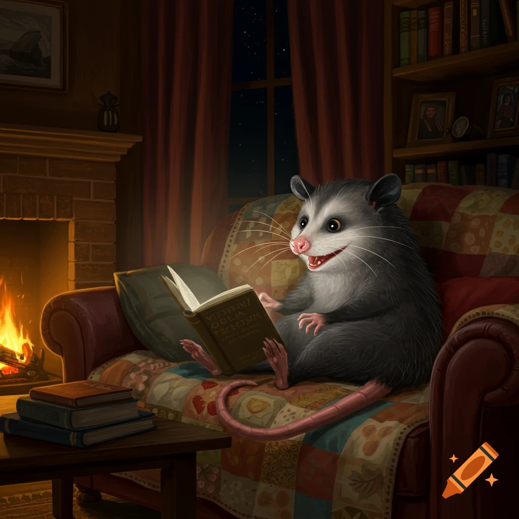 A happy possum sits on a cozy couch, reading a book by a fireplace in a warm room.
