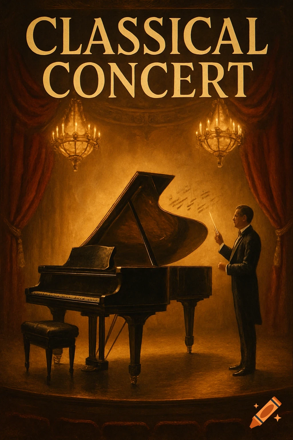 A painterly image of a conductor next to a grand piano on a stage with red curtains and chandeliers, with 'CLASSICAL CONCERT' text at the top.