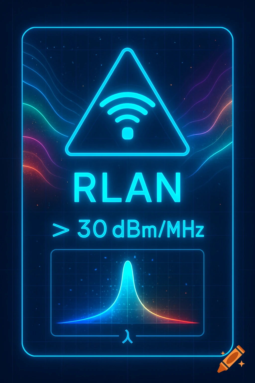 A neon blue diagram featuring a WiFi symbol, RLAN text, power density measurement, and a spectral graph on a dark, wavy background.