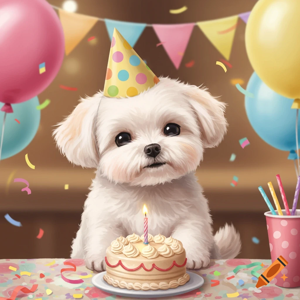 A cute white fluffy puppy wearing a polka-dot party hat sits behind a small birthday cake with a lit candle, surrounded by colorful balloons and confetti.