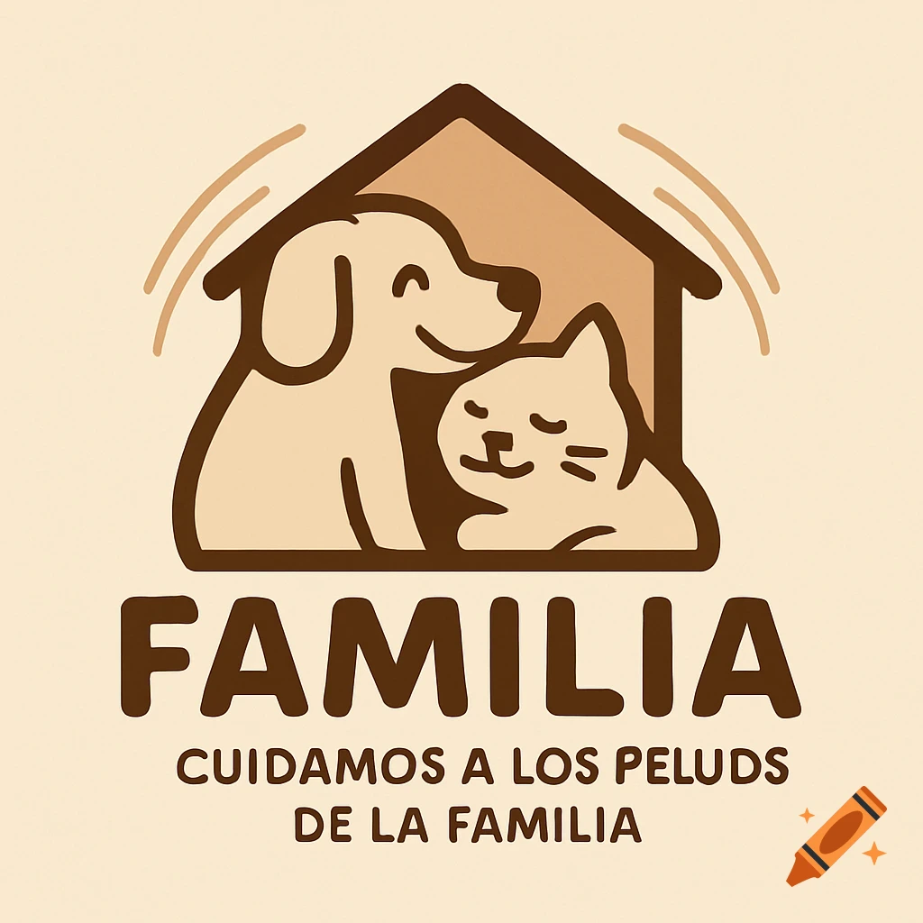 A friendly logo in warm cream and brown tones, depicting a dog and a cat inside a house, with the text "FAMILIA CUIDAMOS A LOS PELUDOS DE LA FAMILIA".