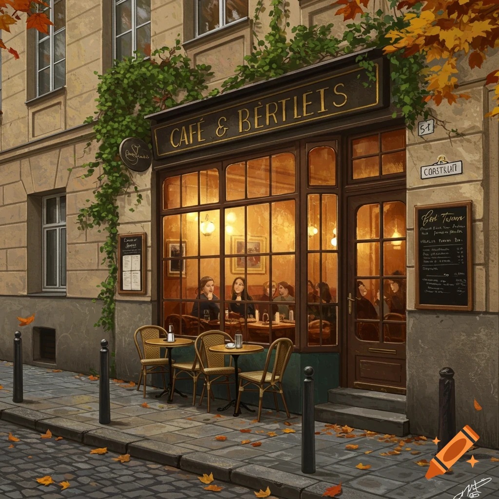 A charming cafe, 'CAFE & BERTLETS', with warm glowing windows, people dining inside, and outdoor tables on a cobblestone street scattered with autumn leaves.