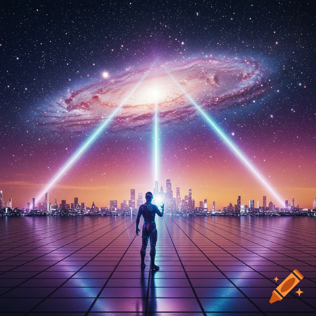 A futuristic figure stands on a tiled surface overlooking a neon cityscape, with light beams reaching up to a vibrant galaxy in the starry night sky.