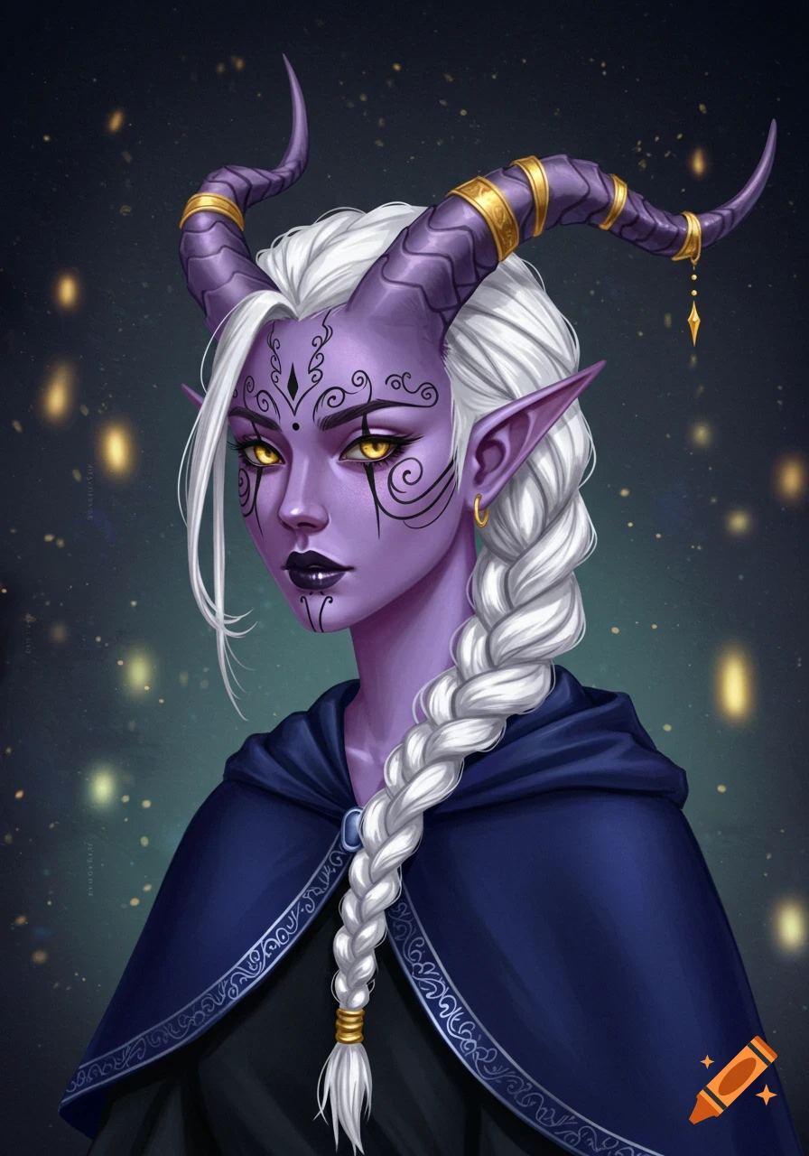 A detailed portrait of a Tiefling girl with lavender skin, white braided hair, gold-adorned horns, black facial tattoos, yellow eyes, and a blue cloak.