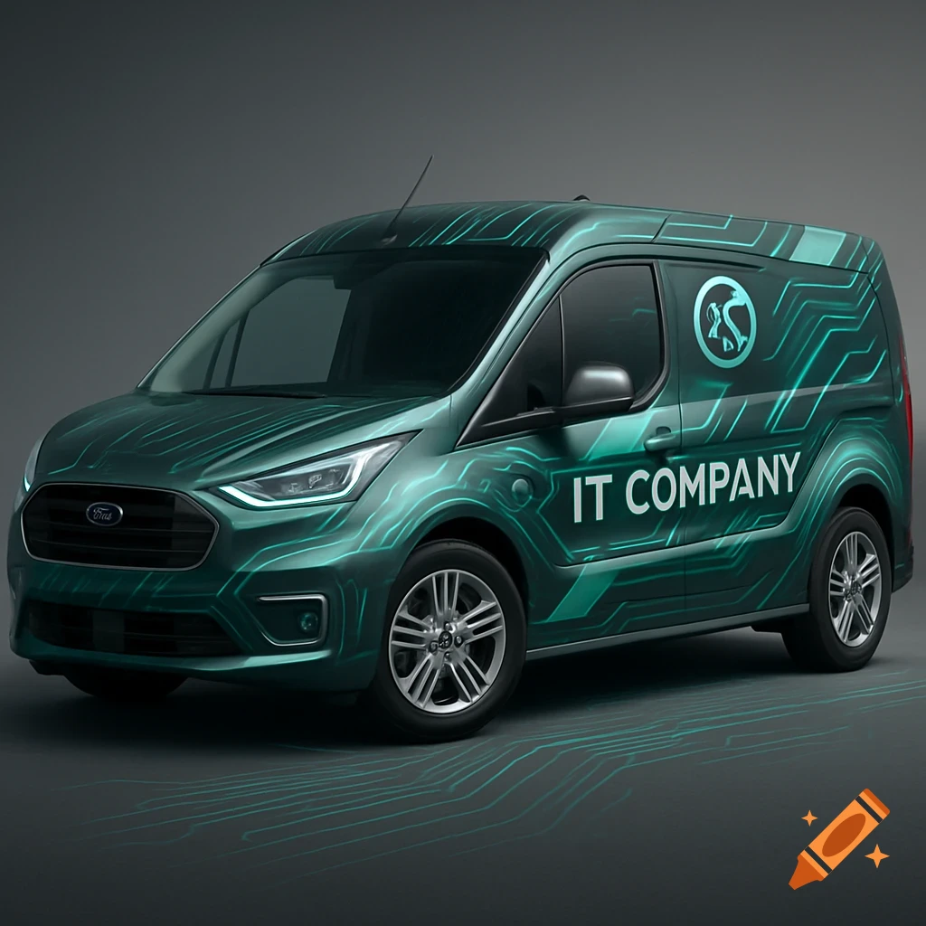 Dark teal Ford Transit Connect van with a circuit board pattern wrap and "IT COMPANY" text on its side.