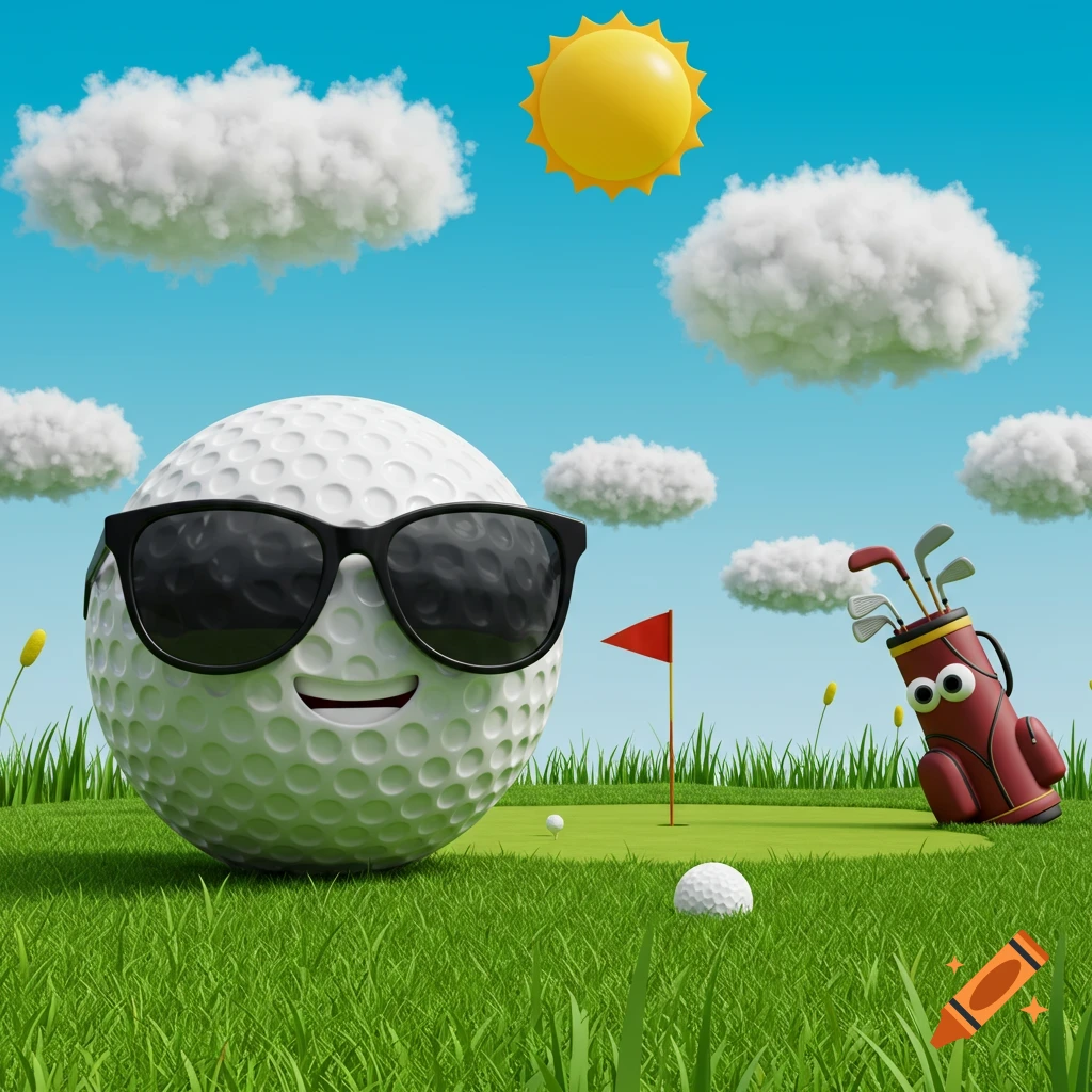 A cartoon golf ball wearing sunglasses smiles on a golf course under a sunny sky, with a golf bag nearby.