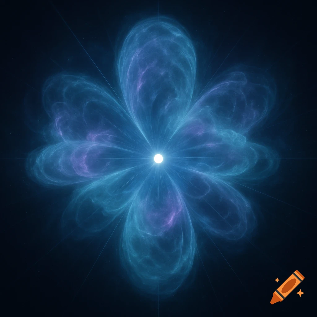 A glowing, ethereal, blue and purple abstract form with a bright central light, resembling a cosmic flower or quantum energy.