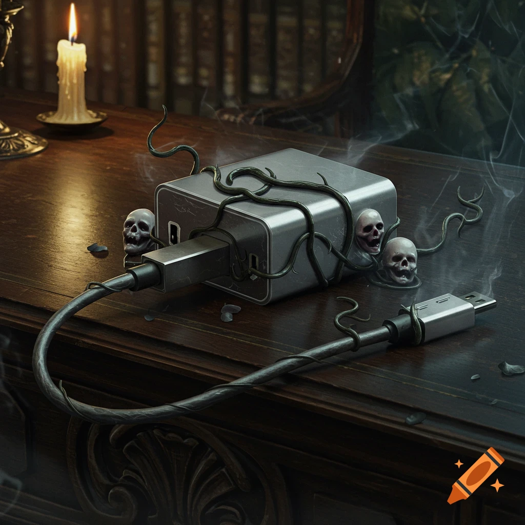 A stylized scary USB-C charger and cable on a wooden desk, entangled with dark vines and emerging skulls, with smoke and a lit candle in a dimly lit, book-filled room.