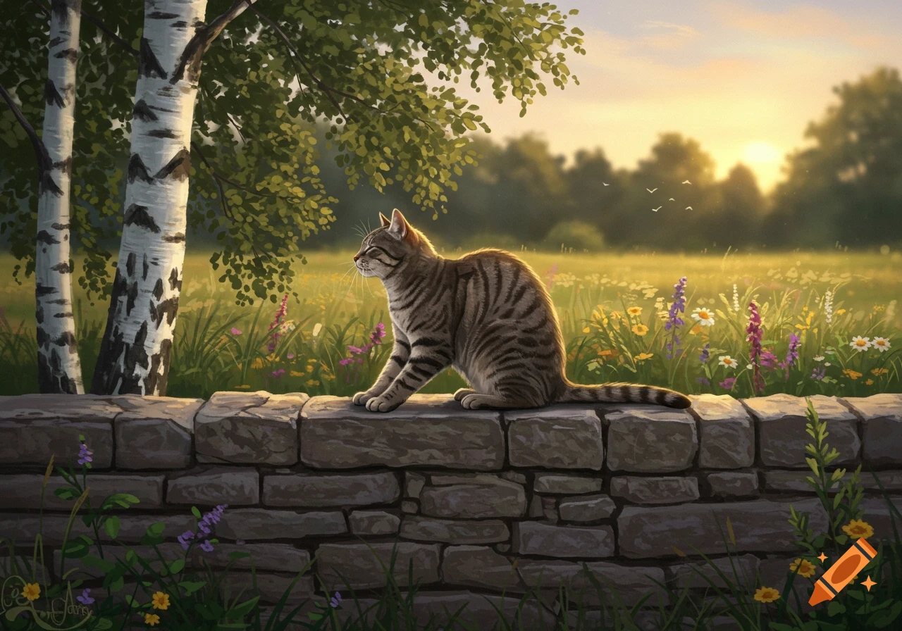 A tabby cat sits on a stone wall in a sunlit field with wildflowers and birch trees at sunset, in a realistic, painterly style.