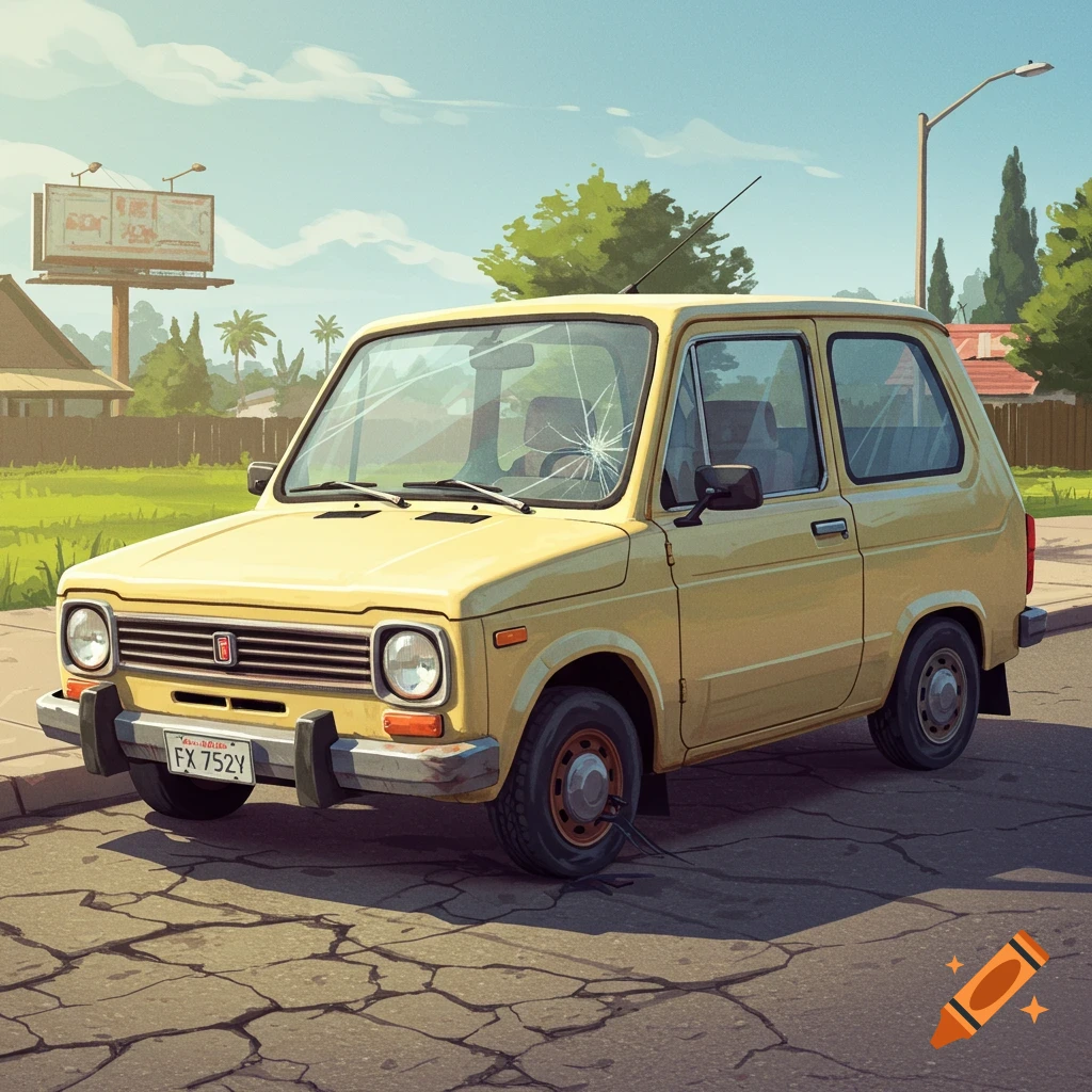 A vintage yellow car with a broken windshield and flat tire is parked on a cracked road in a stylized, cartoon-like depiction.