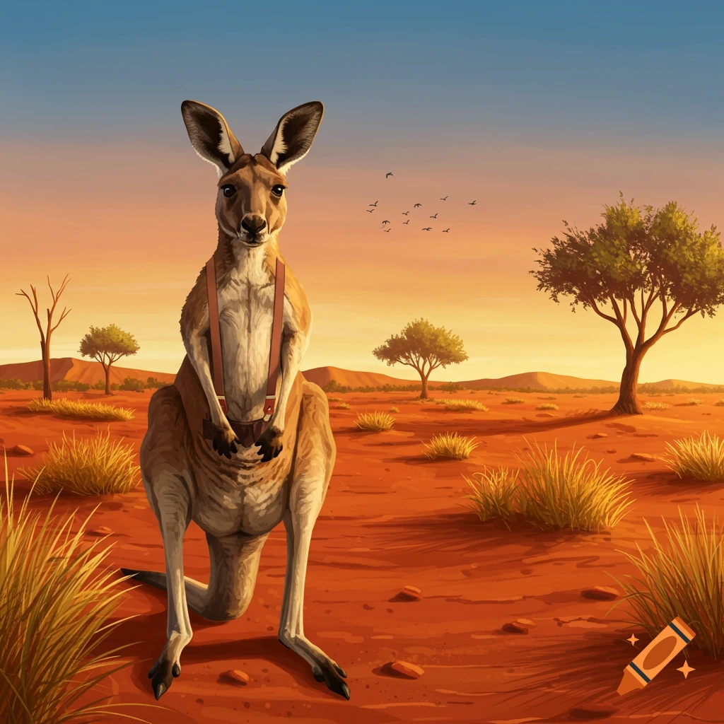 An anthropomorphic kangaroo wearing suspenders stands in a vibrant orange desert landscape at sunset.