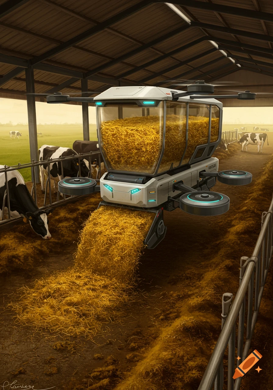 Futuristic drone-like machine dispensing straw to cows in a barn, a green field visible outside. Realistic illustration.