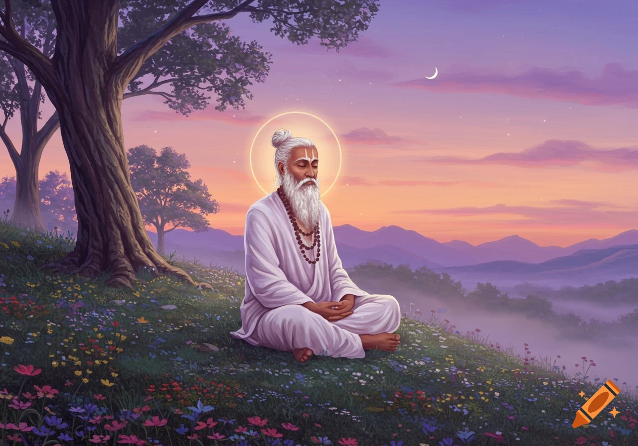 A white-bearded sage in white robes sits in meditation on a flower-filled hill at sunset, with mountains in the background.
