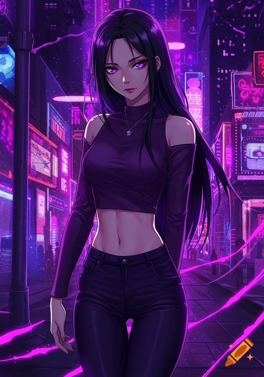 Anime girl with long black hair, purple eyes, a cropped purple shirt, and dark jeans stands in a neon-lit cyberpunk city street.