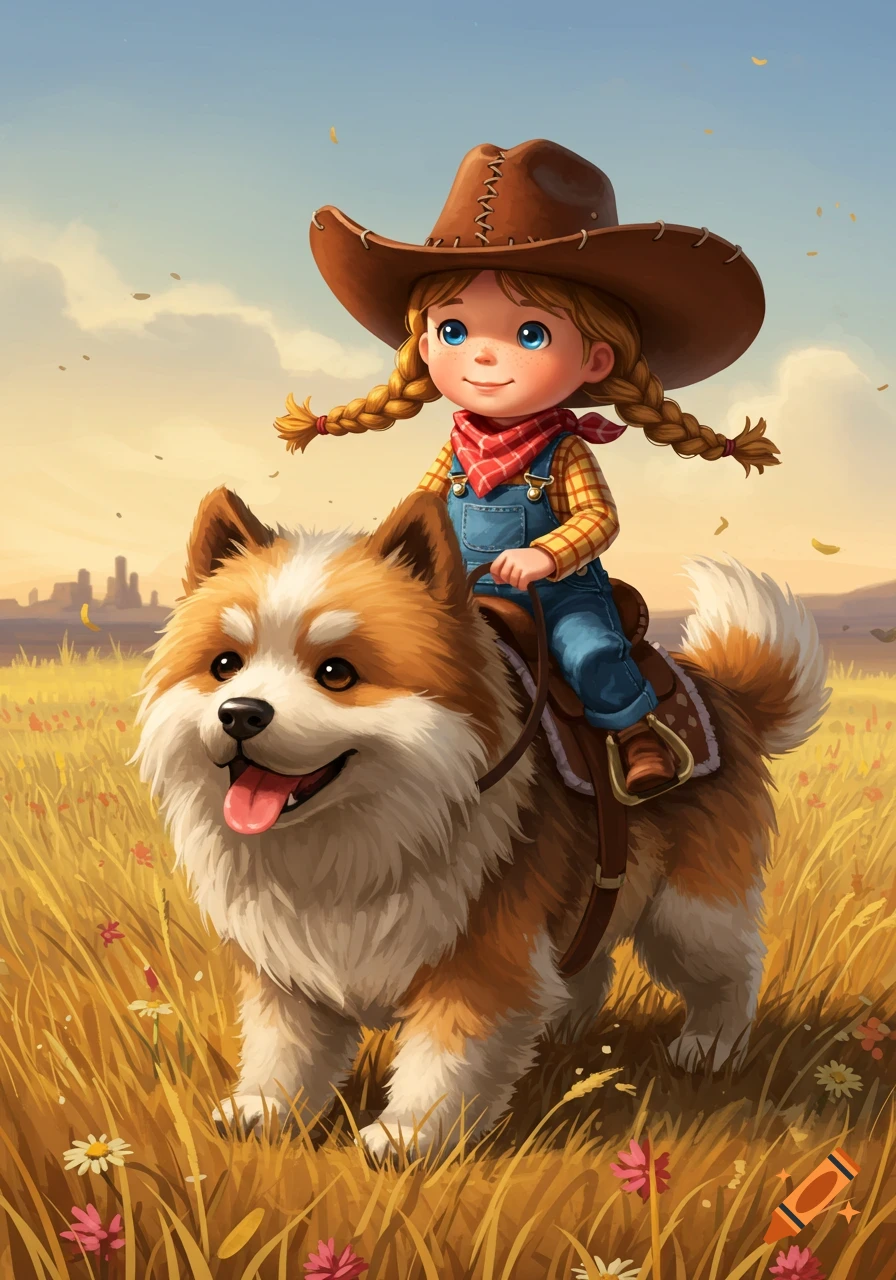 A cheerful cartoon cowgirl riding a smiling fluffy dog through a sunny golden field.