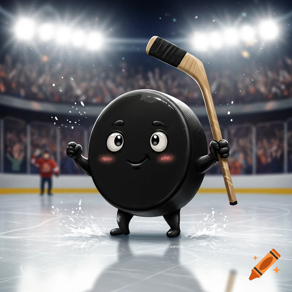 A cute, cartoon living hockey puck character holds a hockey stick on an ice rink, with blurred stadium lights and cheering fans in the background.