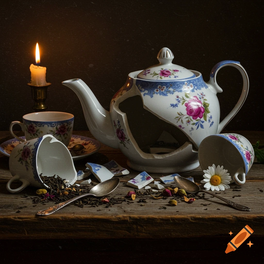 A dramatic still life of a broken floral porcelain teapot and teacups with scattered tea leaves, spoons, and a lit candle on a dark wooden table.