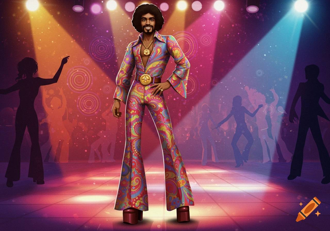A smiling man in a colorful 1970s disco jumpsuit, platform heels, and a medallion, stands on a dance floor under spotlights.