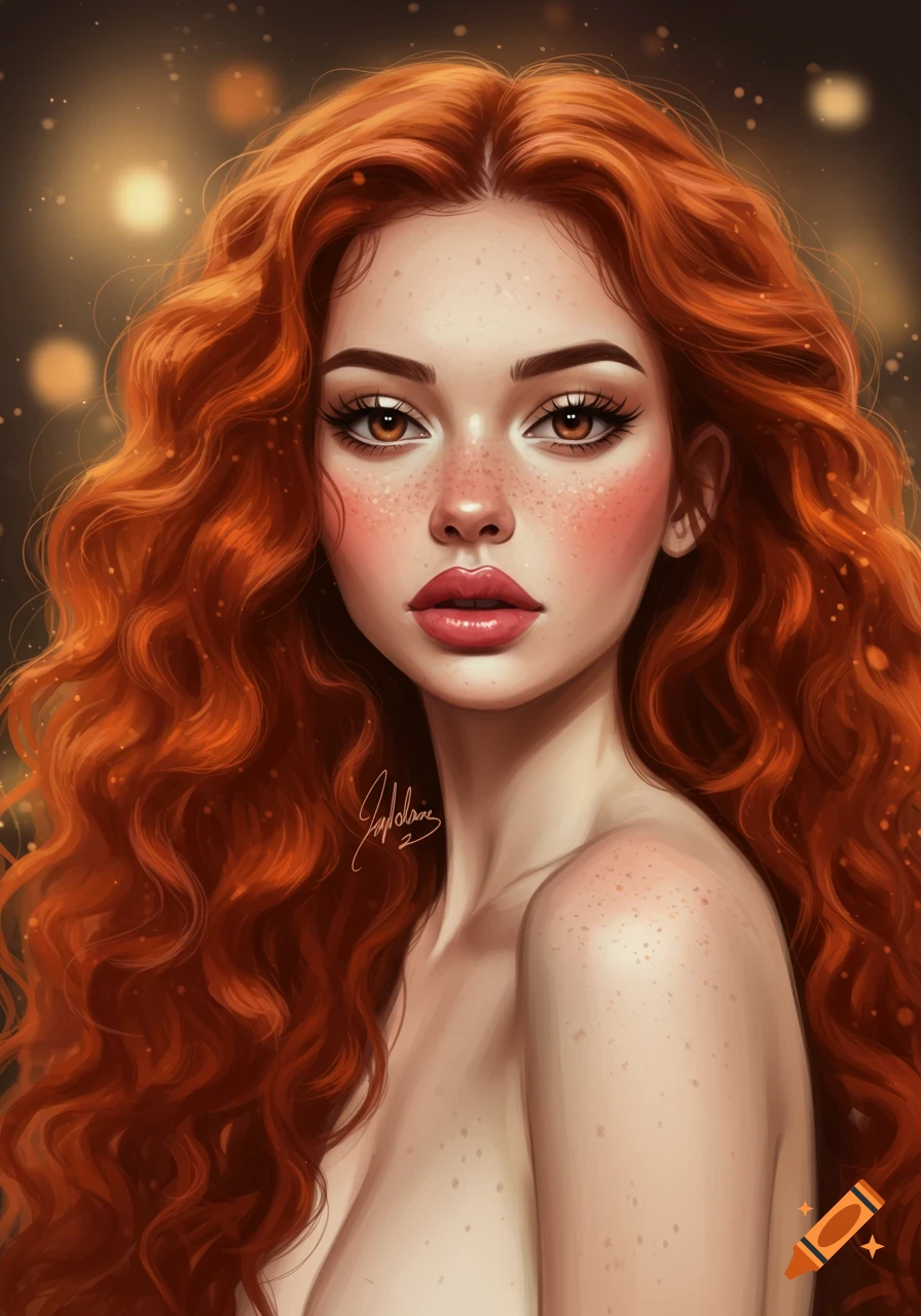 Digital portrait of a red-haired woman with long, curly hair, freckles, and dramatic makeup, against a bokeh background.