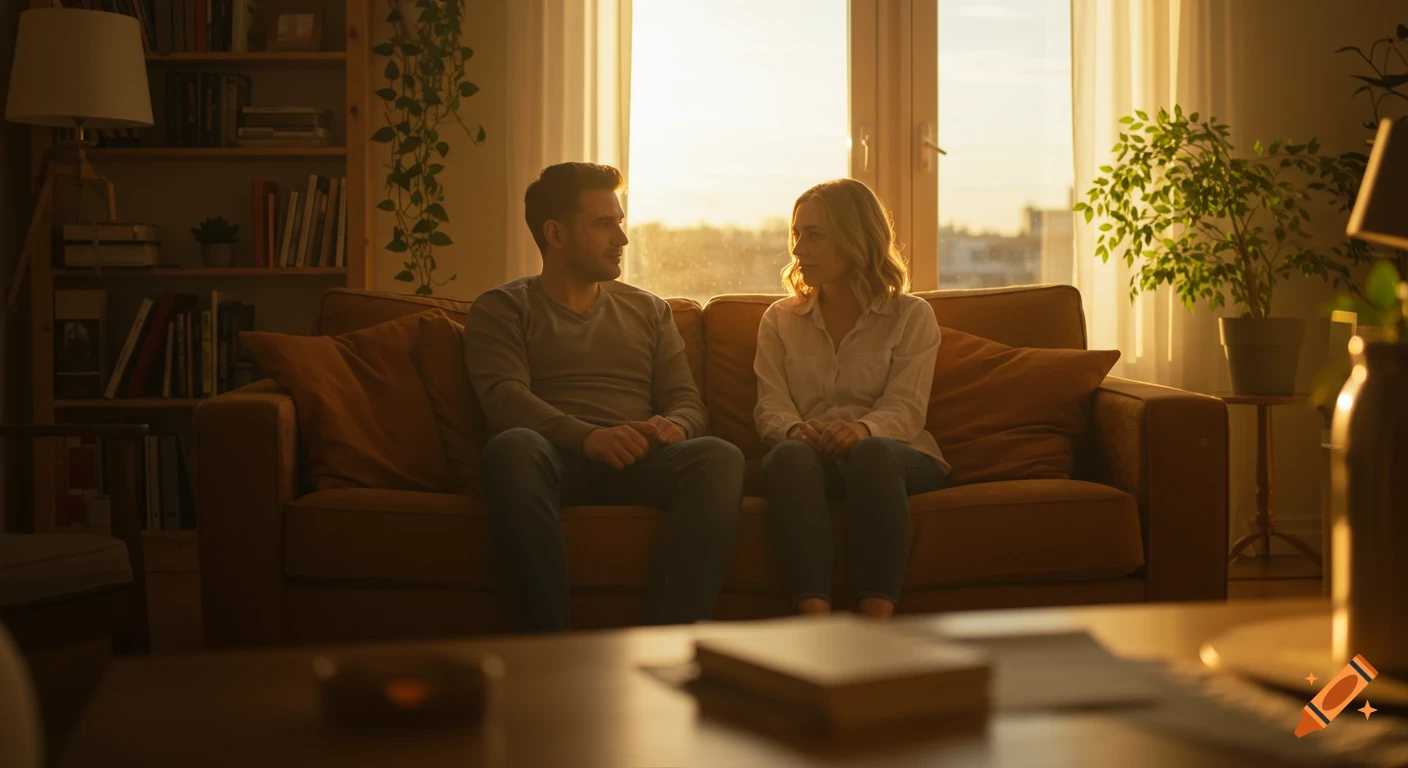 A photorealistic image of a man and woman sitting on a couch, looking at each other in a warm, sunlit living room.