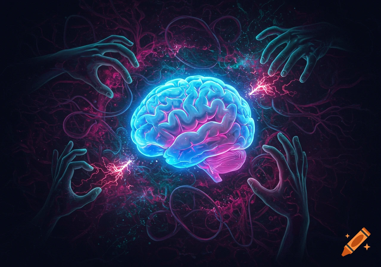 A glowing blue and pink brain at the center, surrounded by four shadowy hands reaching with electric sparks in a dark, abstract, neon-colored background.