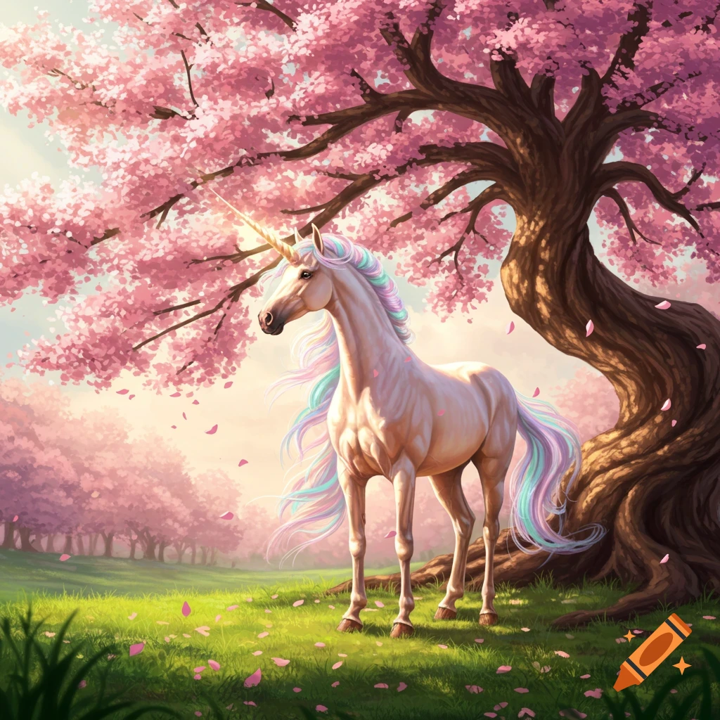 A majestic white unicorn with a flowing rainbow mane and tail stands under a vibrant pink cherry blossom tree in a sunny, green field.