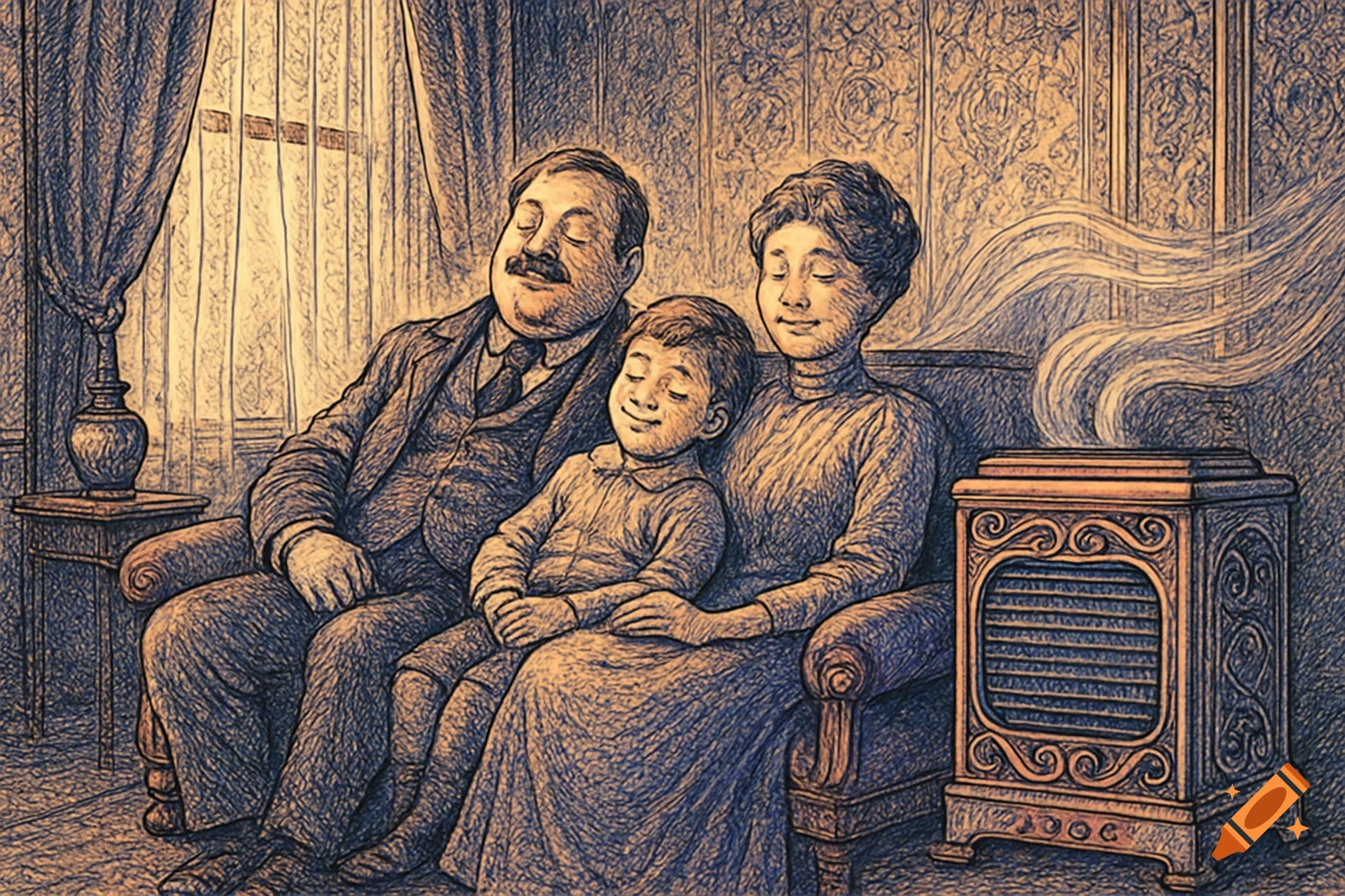 An ink and pen illustration of a peaceful family (man, woman, child) sitting together on a couch, cooled by a vintage air conditioner.