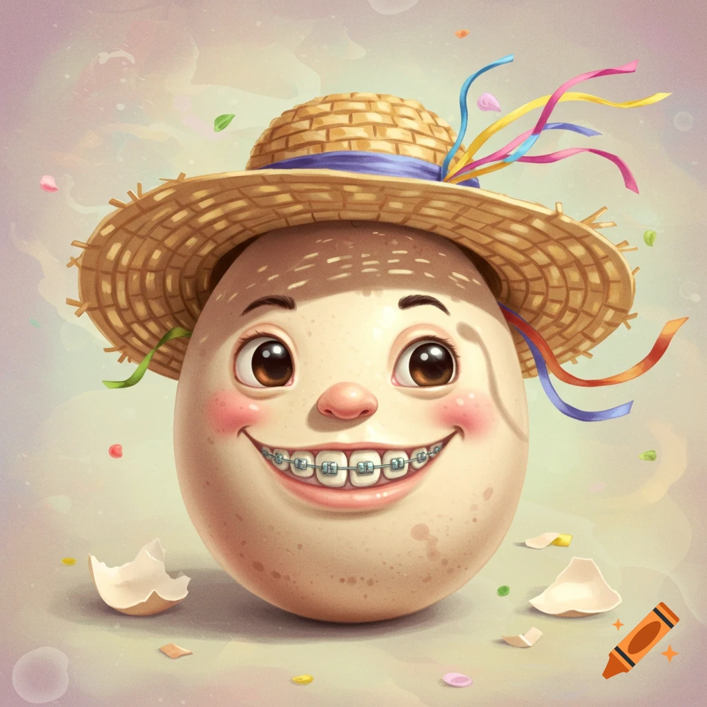 A cheerful cartoon egg with a face, wearing braces and a straw hat with colorful ribbons, surrounded by eggshell pieces and confetti.