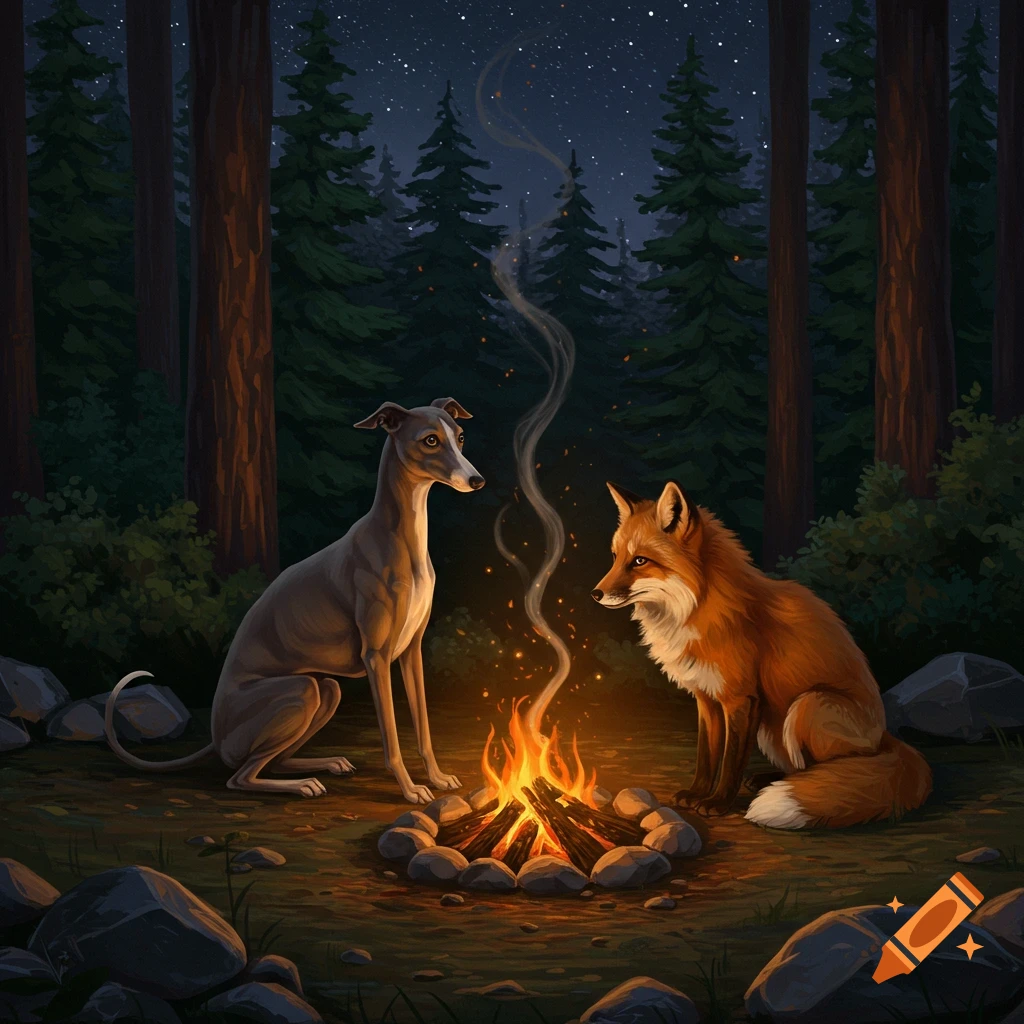 A greyhound dog and a red fox sit facing each other by a crackling campfire in a dark forest under a starry night sky, illustrated.