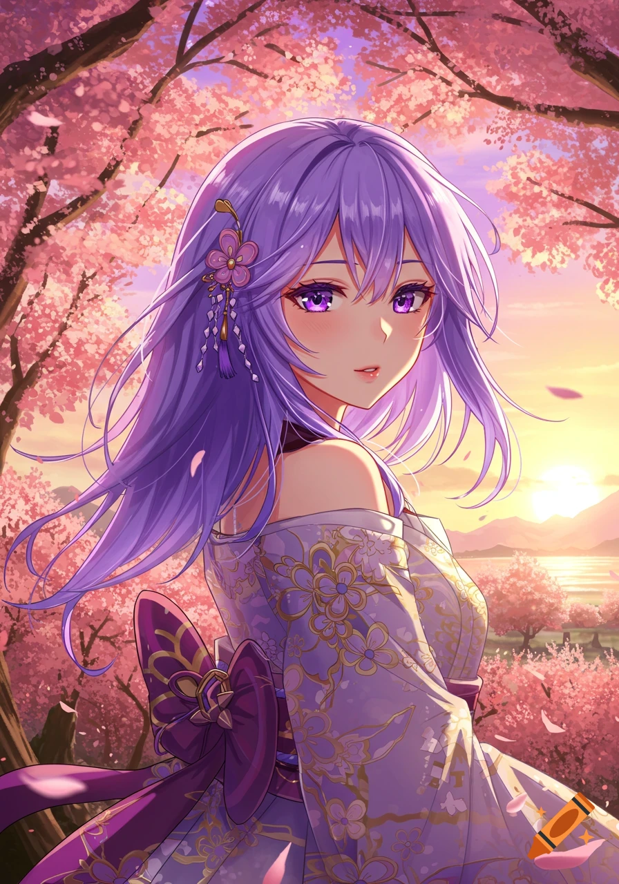 Anime girl with long purple hair wearing a kimono, standing amidst cherry blossom trees at sunset, vibrant art style.