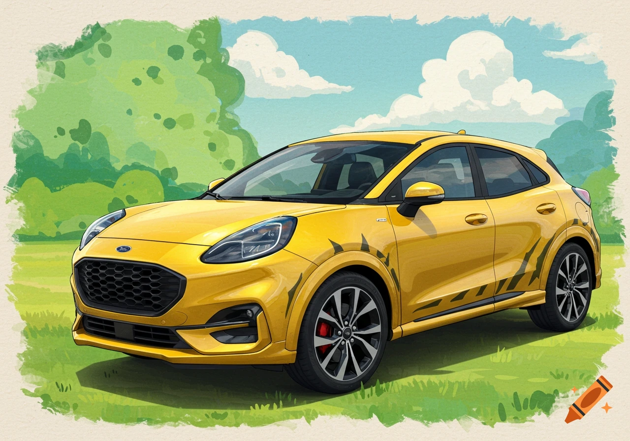 Watercolor illustration of a yellow Ford Puma car with black tiger stripes on a grassy field under a blue sky.