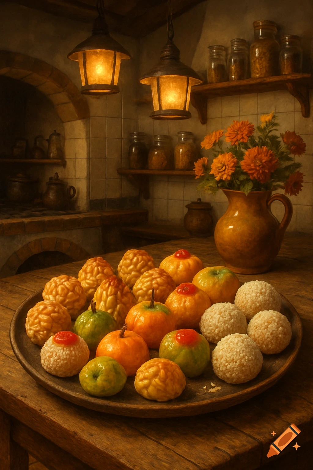 A rustic kitchen scene with a wooden platter of colorful, round pastries and fruits on a table, under glowing lanterns.
