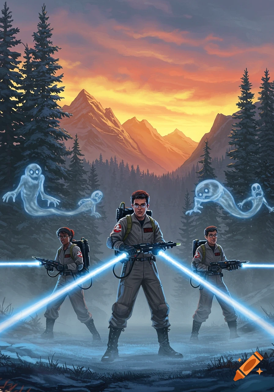 Three Ghostbusters in grey uniforms fire proton streams at cartoon ghosts in a snowy forest with mountains and a sunset, illustration.