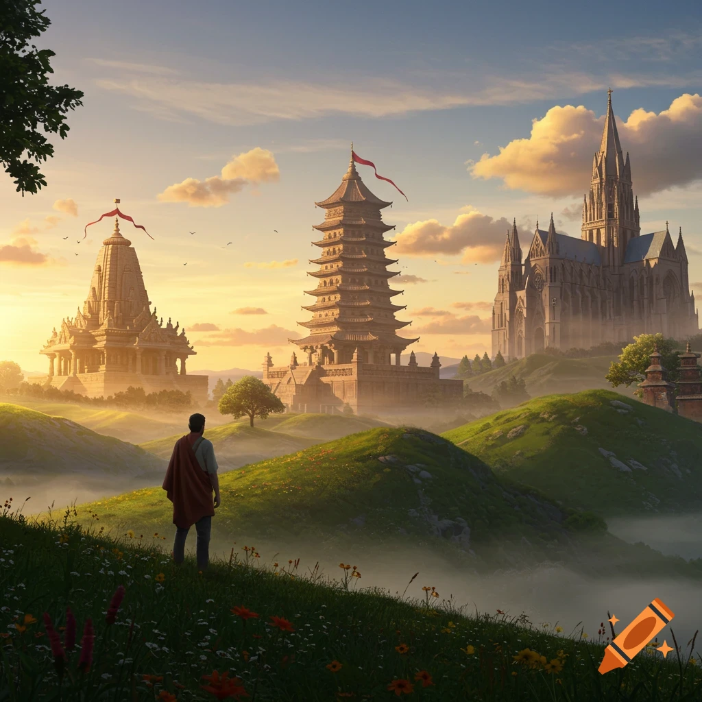 A man on a grassy hill observes a Hindu temple, a pagoda, and a Gothic cathedral in a misty, sunlit landscape.