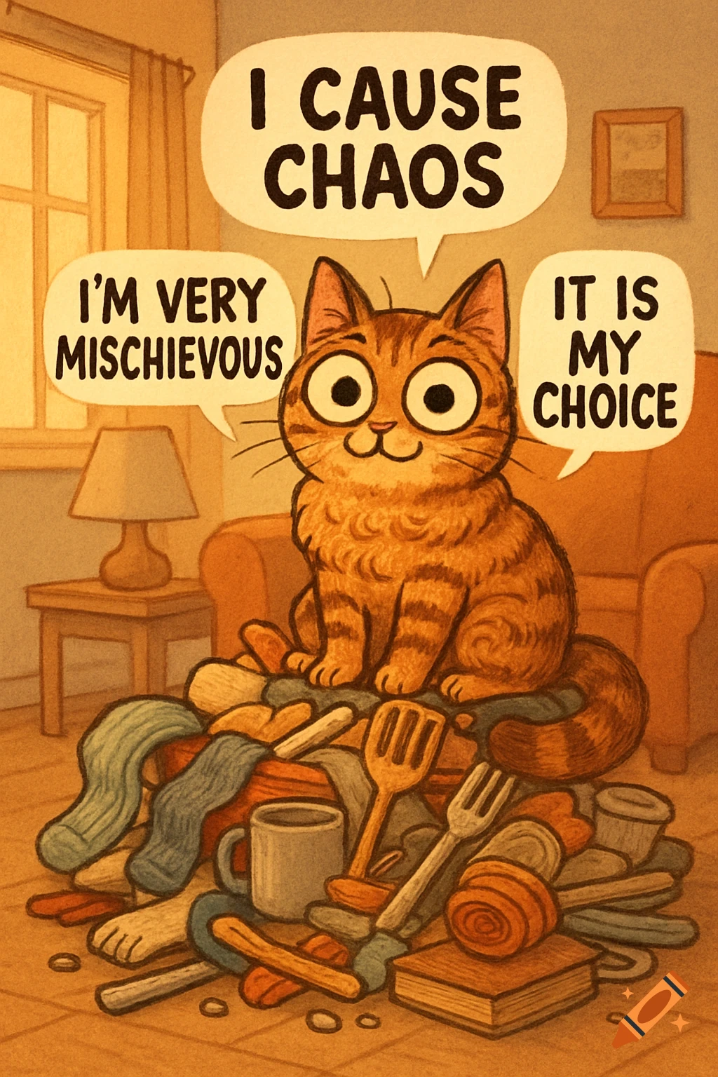 Cartoon tabby cat on a pile of clothes and items, with speech bubbles: 'I CAUSE CHAOS', 'I'M VERY MISCHIEVOUS', 'IT IS MY CHOICE'.