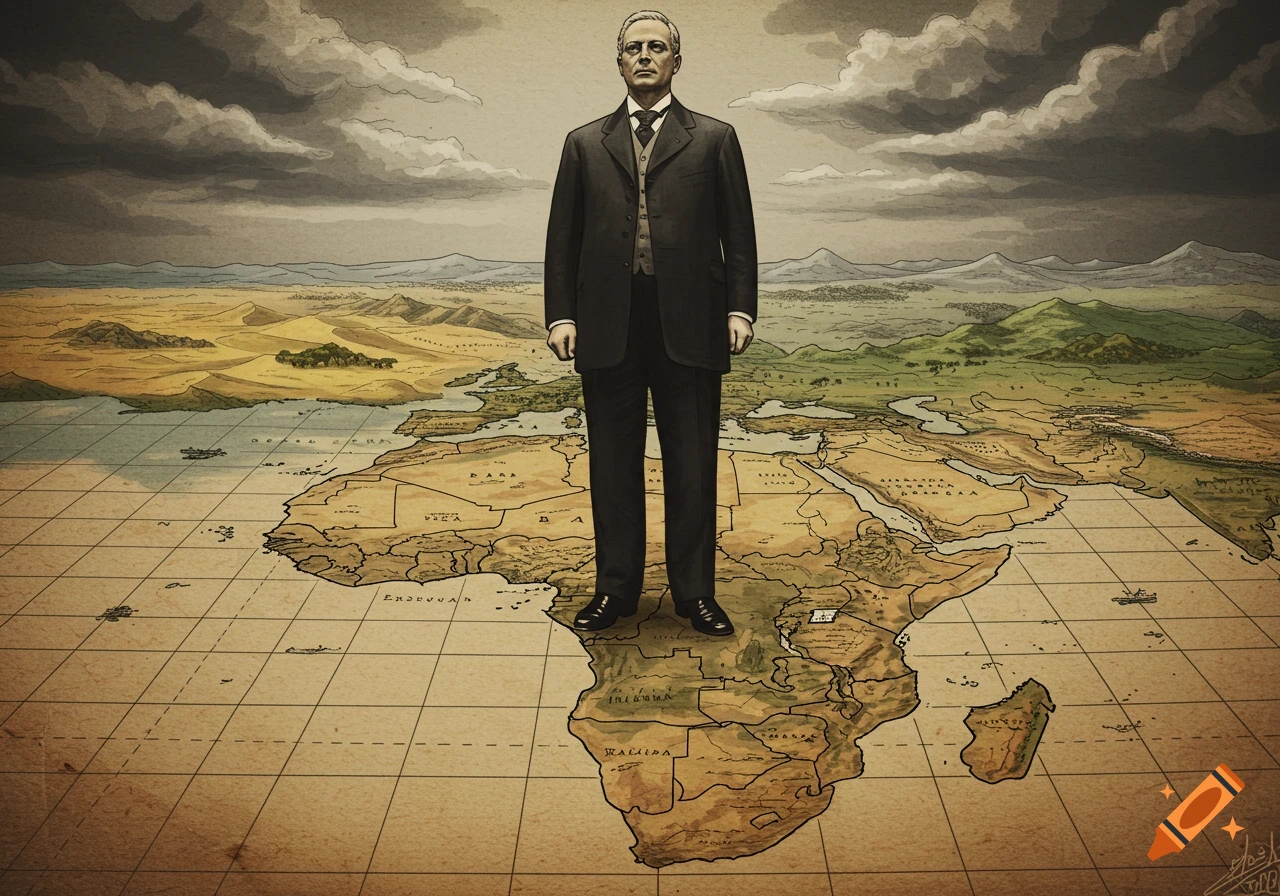 A man in a dark suit stands imperiously over a vintage-style map of Africa, under a cloudy sky.
