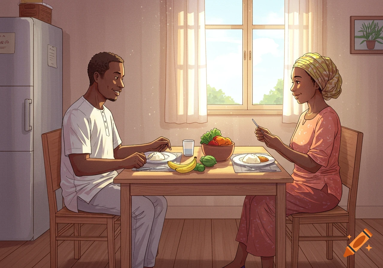 A smiling Nigerian man and woman eat healthy food at a dining table in a warm, sunlit kitchen, illustrated.
