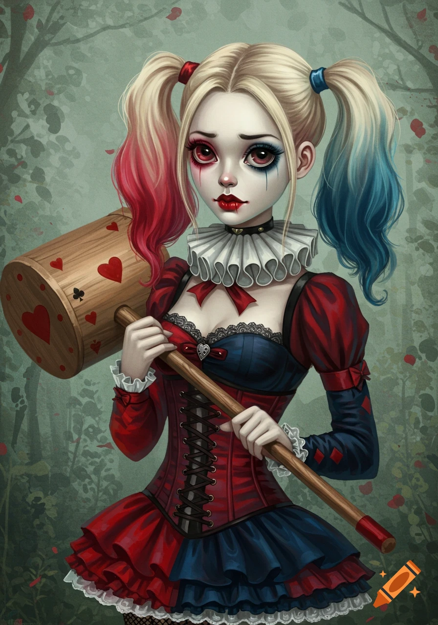 Gothic fairytale painting of a melancholic, Harley Quinn-inspired woman with pigtails, holding a heart-decorated hammer in a misty forest.