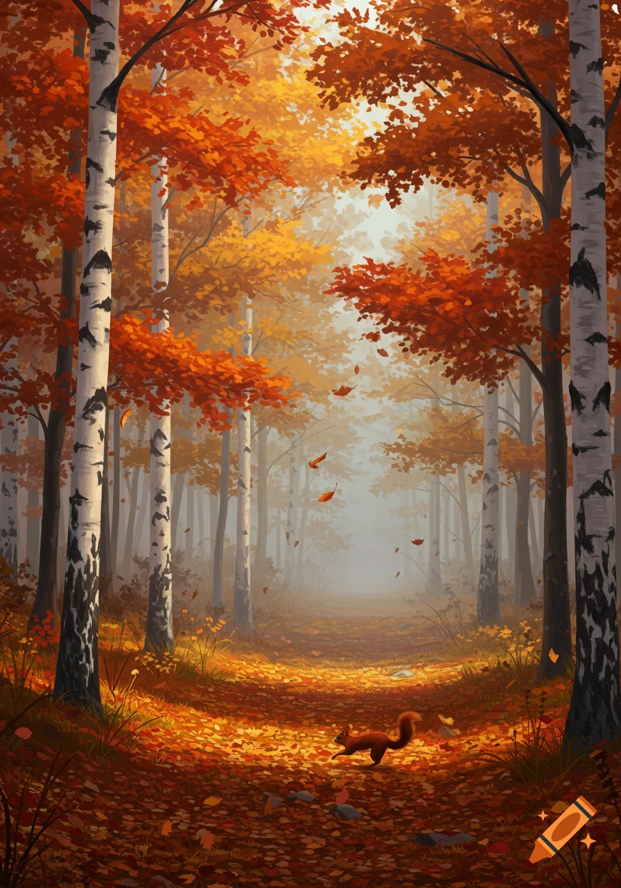 A vibrant autumn forest path with tall birch trees, a carpet of orange leaves, and a small squirrel, with a misty background.