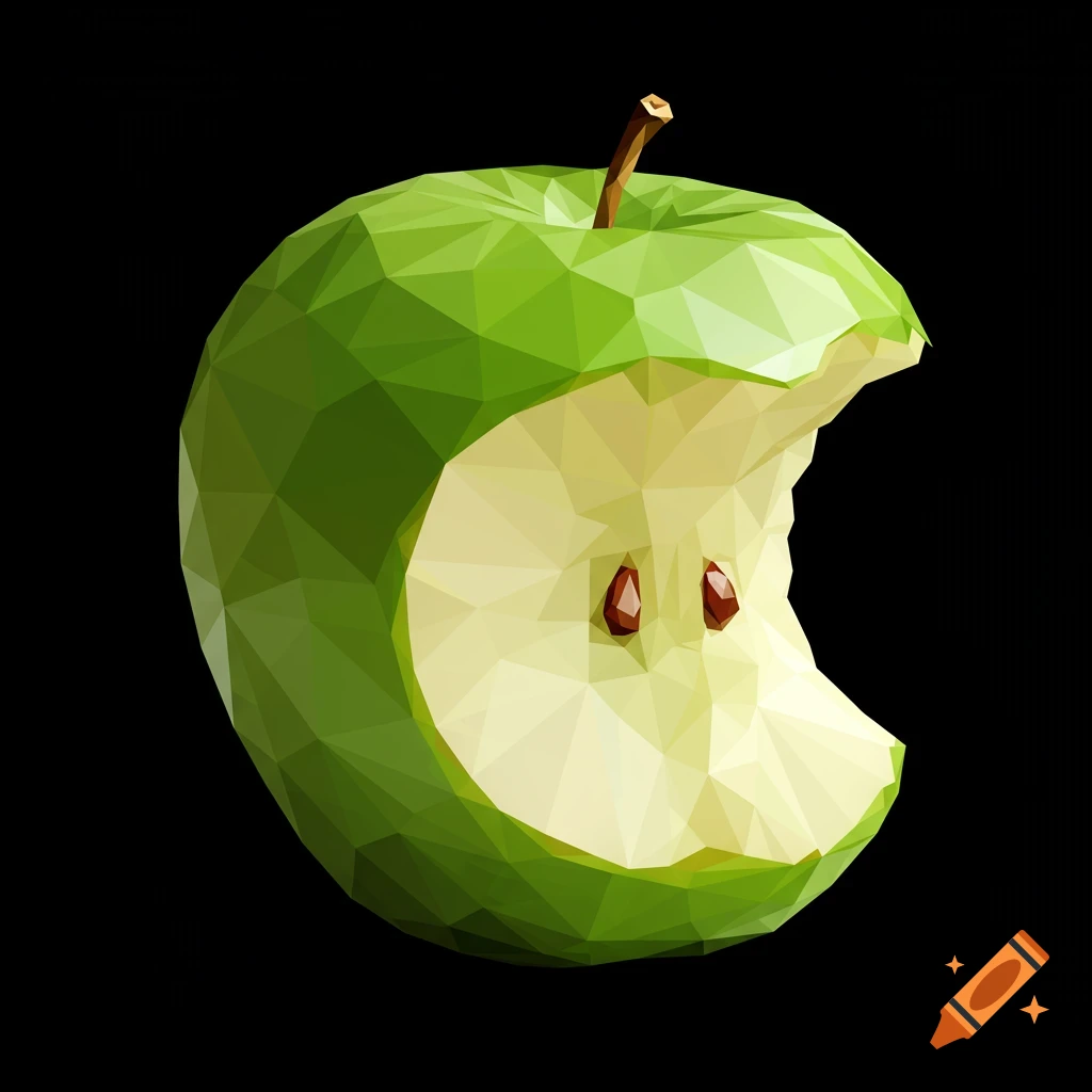 Green polygonal apple with a bite taken out on a black background.