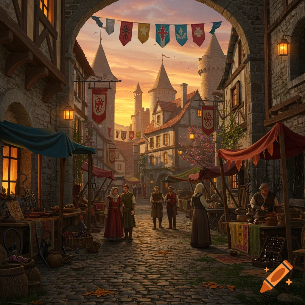 A bustling medieval market street at sunset, with people, stalls, and banners under an archway.