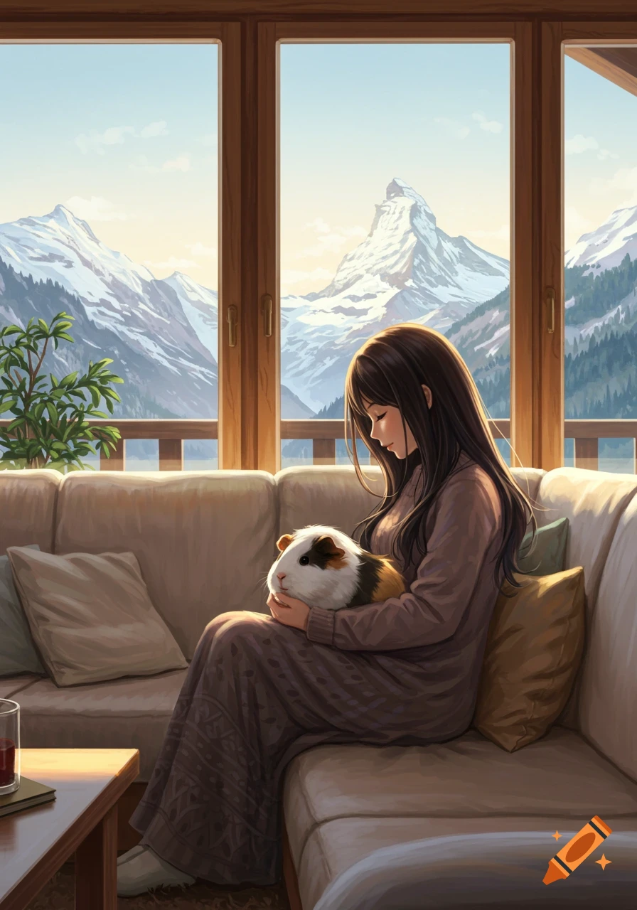 An anime woman sits on a couch, holding a guinea pig, looking out a window at snowy mountains.