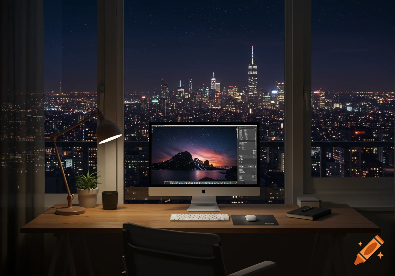 A photorealistic view of a modern computer desk with an iMac facing a large window overlooking a brightly lit city skyline at night.