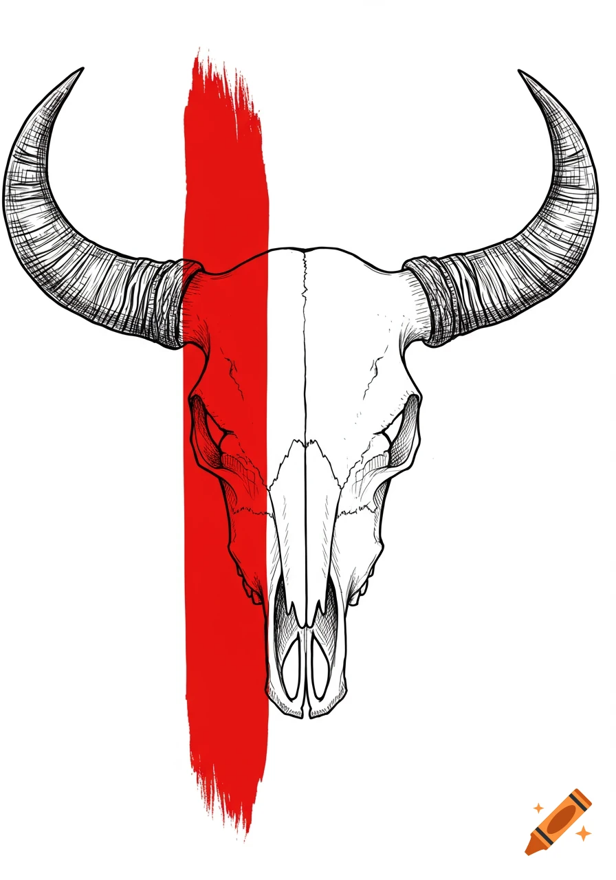 Line drawing of a bull skull with a bold red paint stripe down the center on a white background.