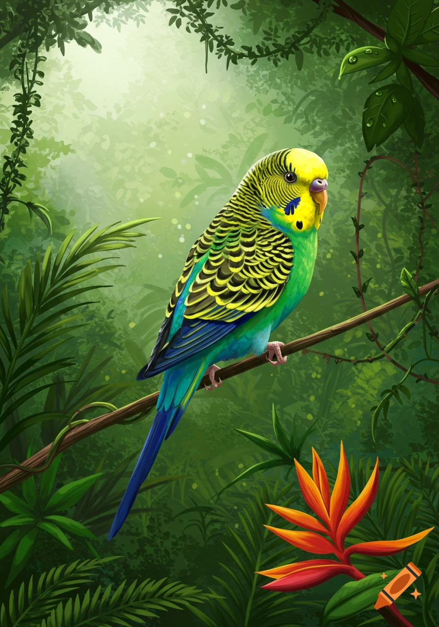 A colorful green and yellow parakeet perched on a branch in a lush, verdant jungle with an orange tropical flower.