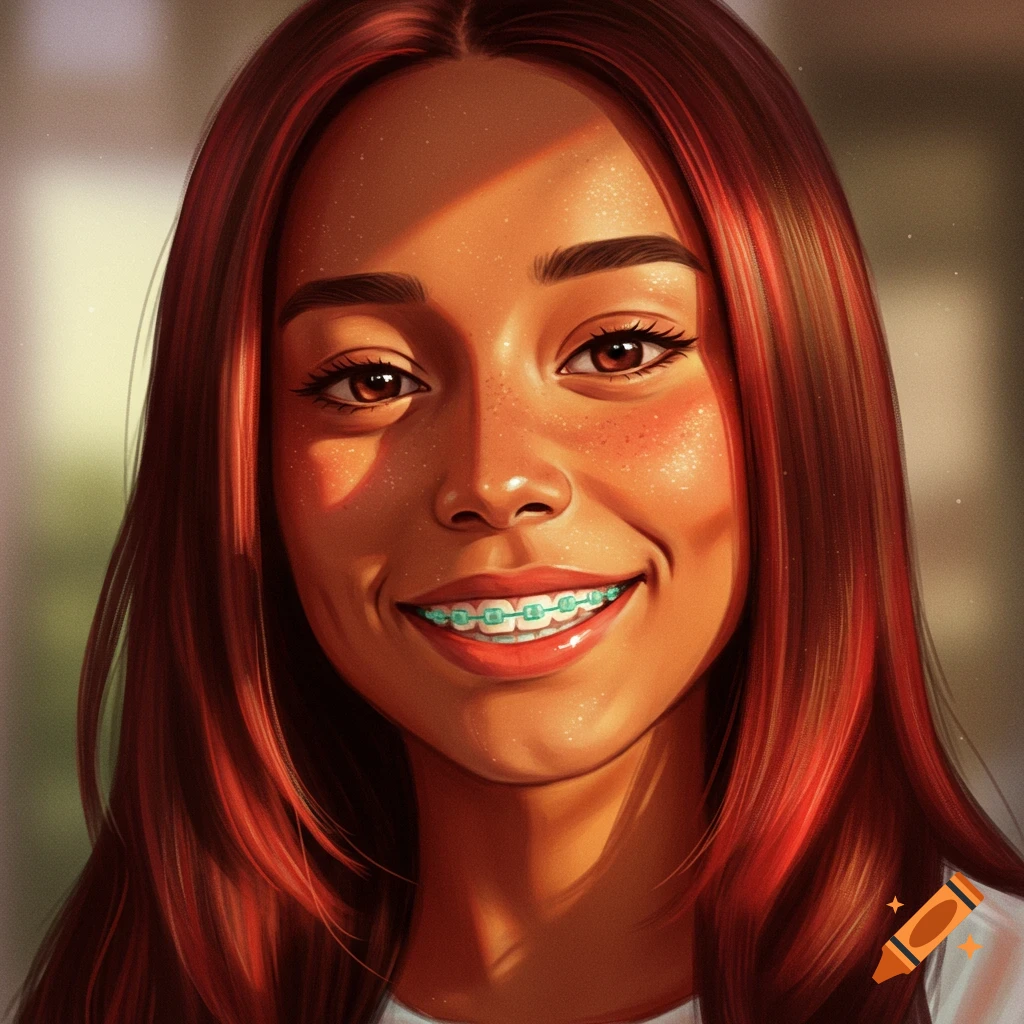 Close-up digital art portrait of a smiling young woman with brown skin, reddish-brown hair, freckles, and teal braces.