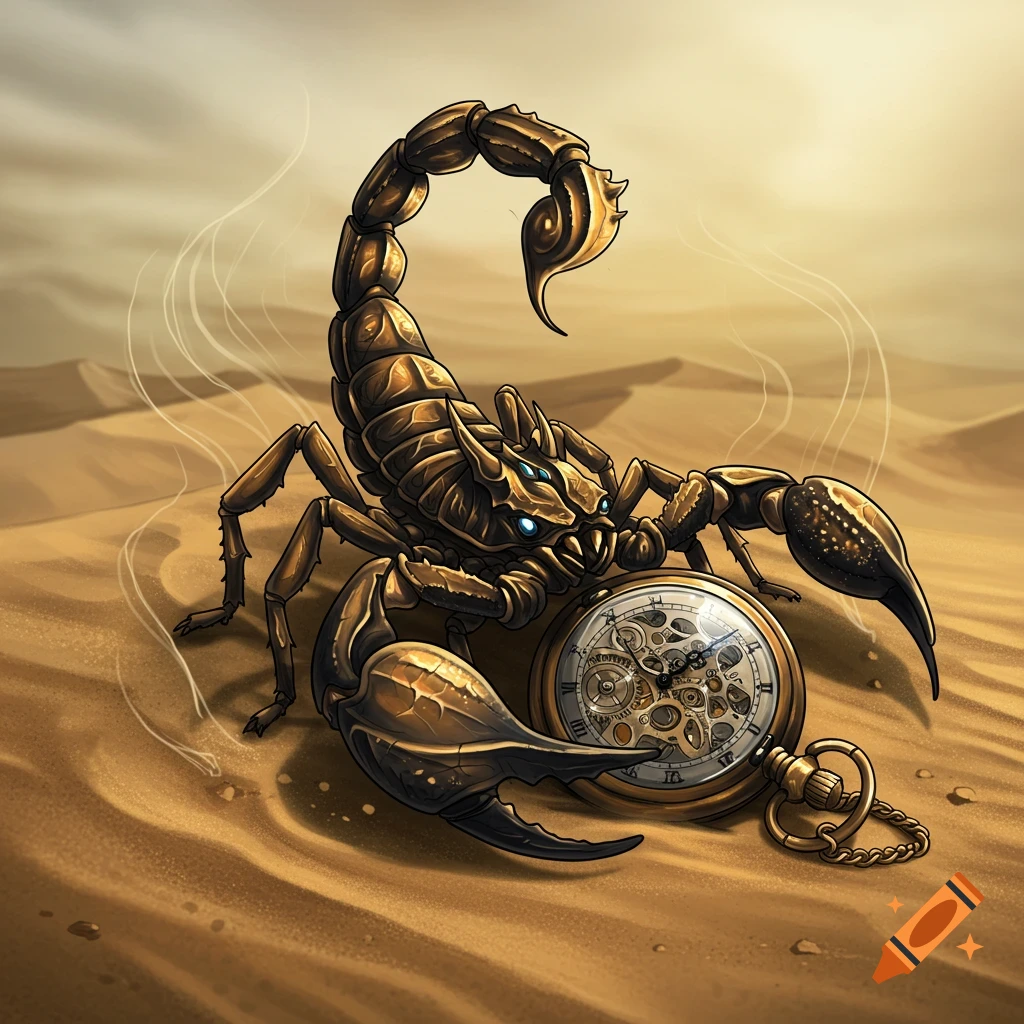 A detailed golden scorpion in a desert, holding a vintage pocket watch with visible gears, in an illustrative style.