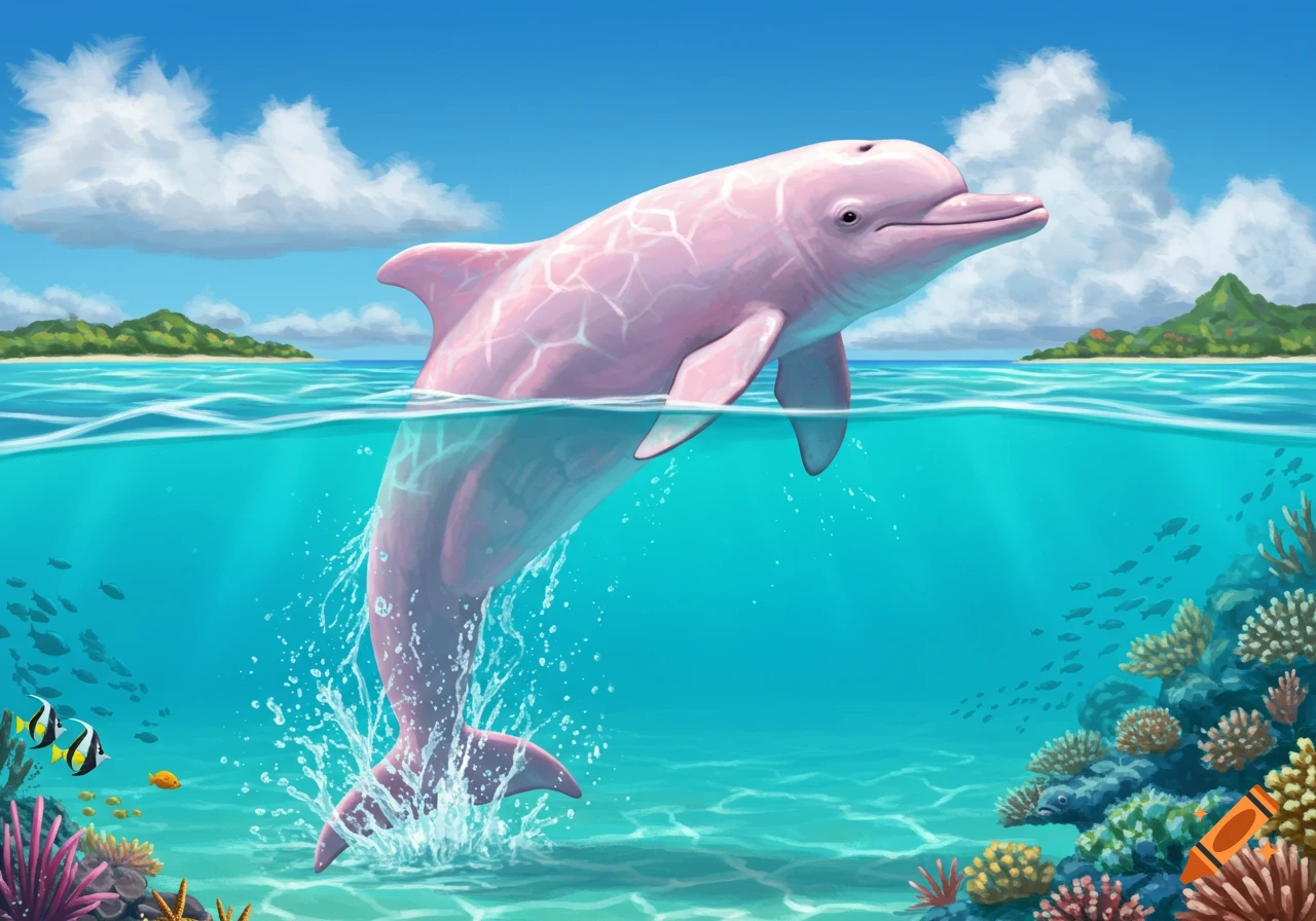An illustration of a pink dolphin jumping from clear blue tropical ocean water, with coral reefs below and green islands in the distance.