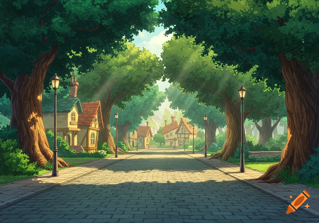 A vibrant cartoon illustration of a charming village street with cobblestones, quaint houses, and large green trees.