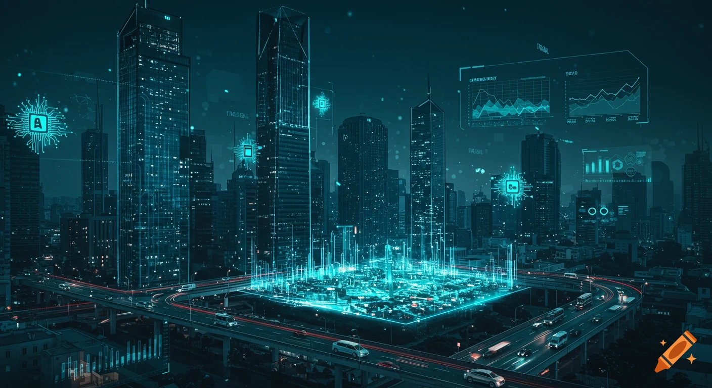 A futuristic city skyline at night with towering skyscrapers, glowing digital overlays, and illuminated highways with traffic.